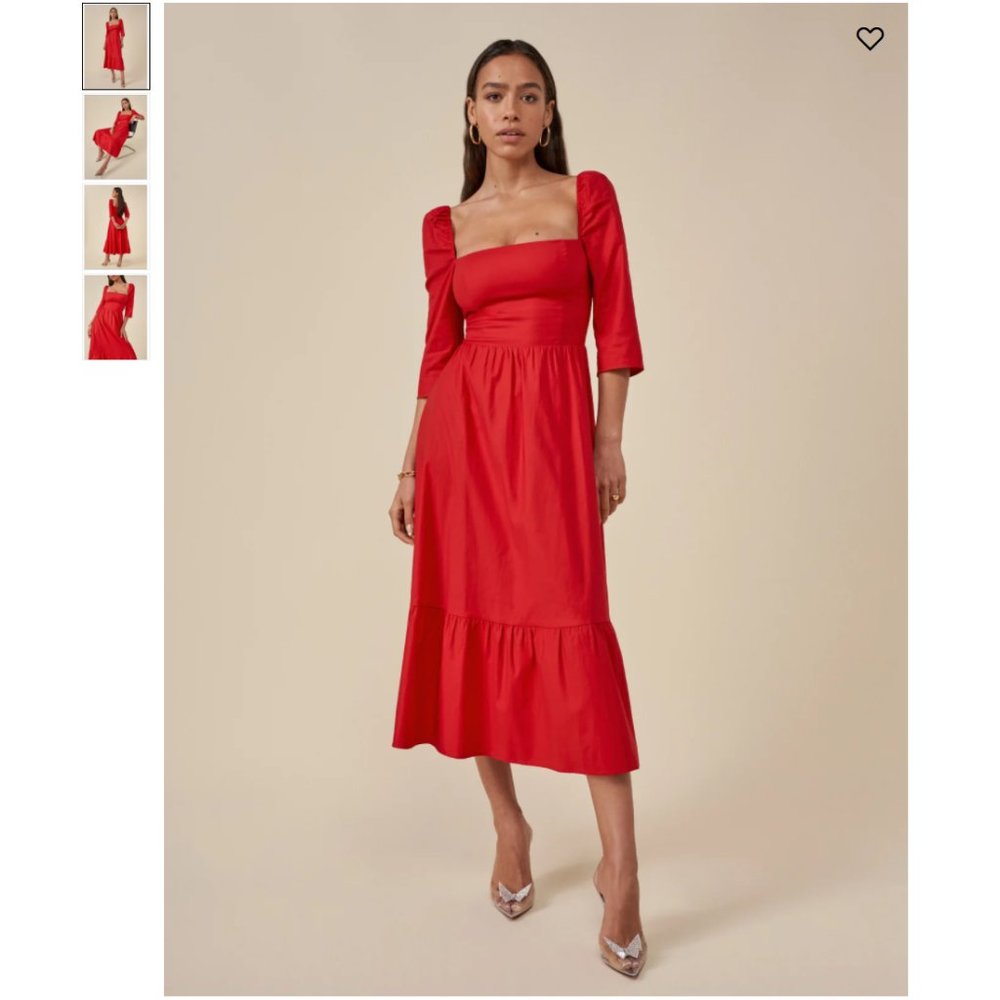 Reformation Red Midi Dress with Square Neck and Puff Sleeves